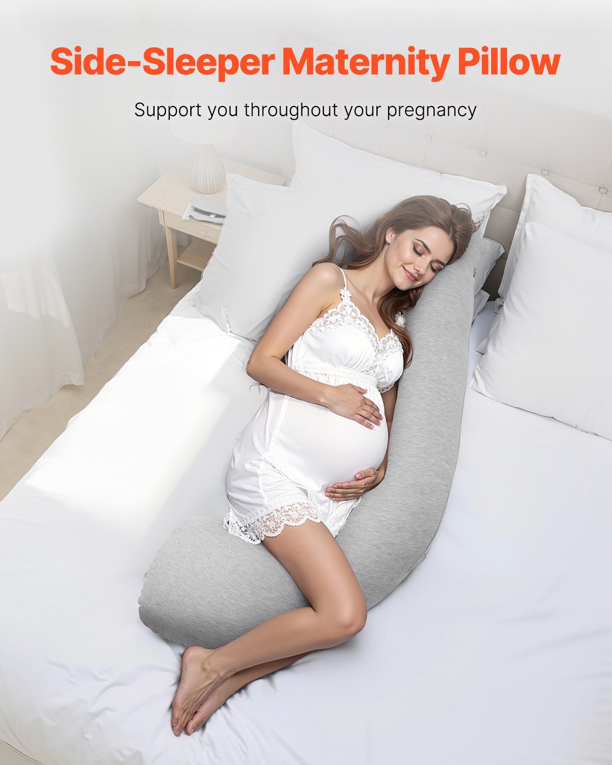 VEVOR Pregnancy Pillows for Side Sleeping, L-Shaped Maternity Pillow for Pregnant Women, Soft & Breathable Pregnancy Body Pillow with Washable Jersey Cover for Head Neck Belly Leg Support, Light Gray