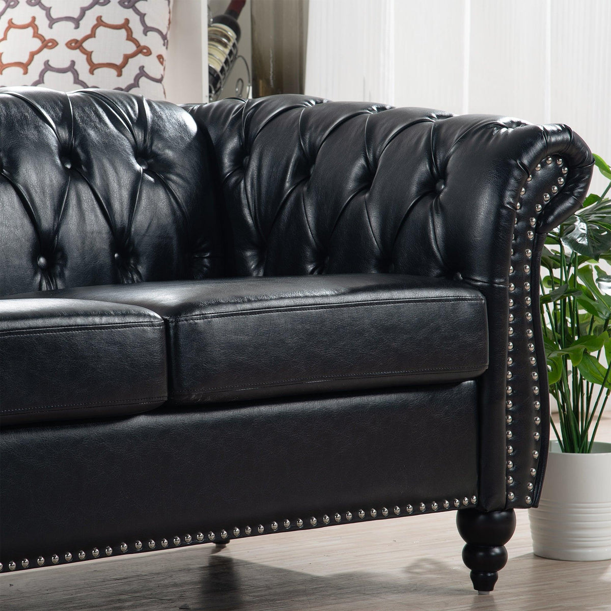 Black PU Rolled Arm Chesterfield Three Seater Sofa