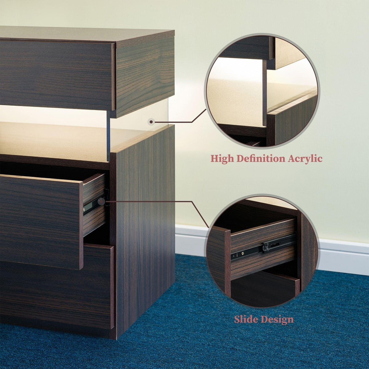 LED Nightstand 3 Drawer Dresser for Bedroom End Table with Acrylic Board LED Bedside Tables (Walnut)