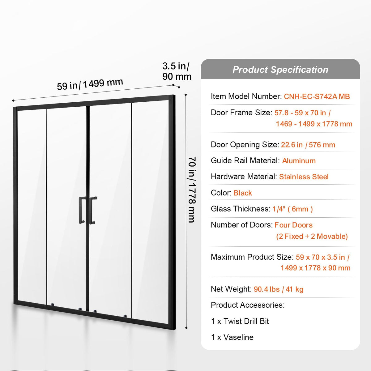 Semi-frameless Shower Door, 57.8-59 W x 70 H in, Double Sliding Glass Door- Matte Black