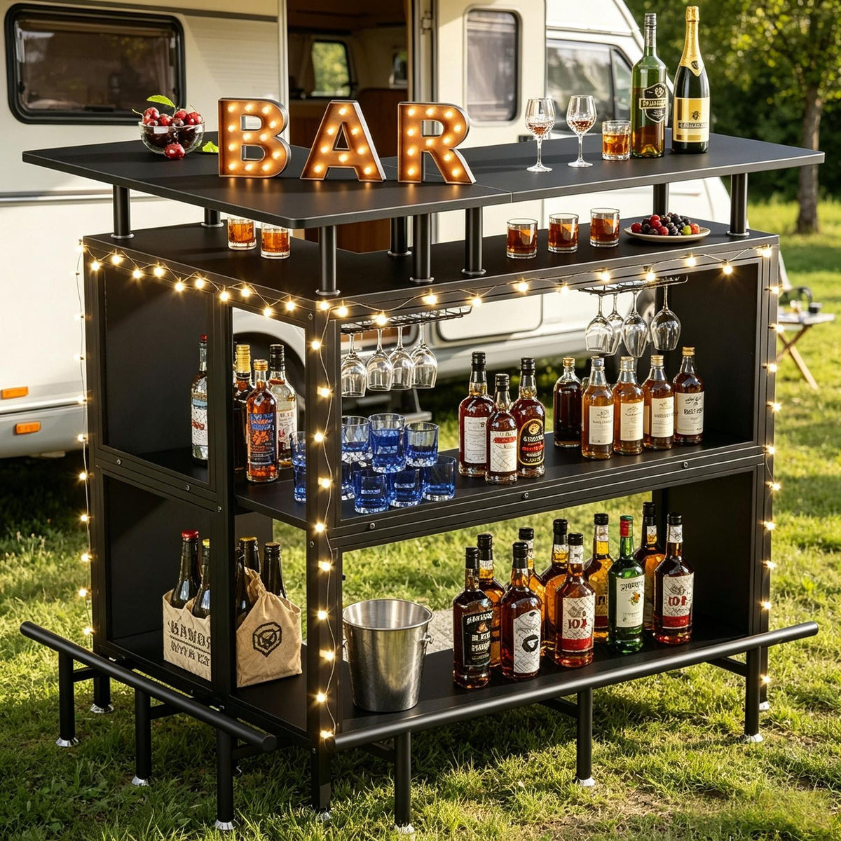 L-Shaped Home Bar Unit Liquor Bar Table with Glasses Holders And Shelves for Kitchen Dining Room Bar Counter