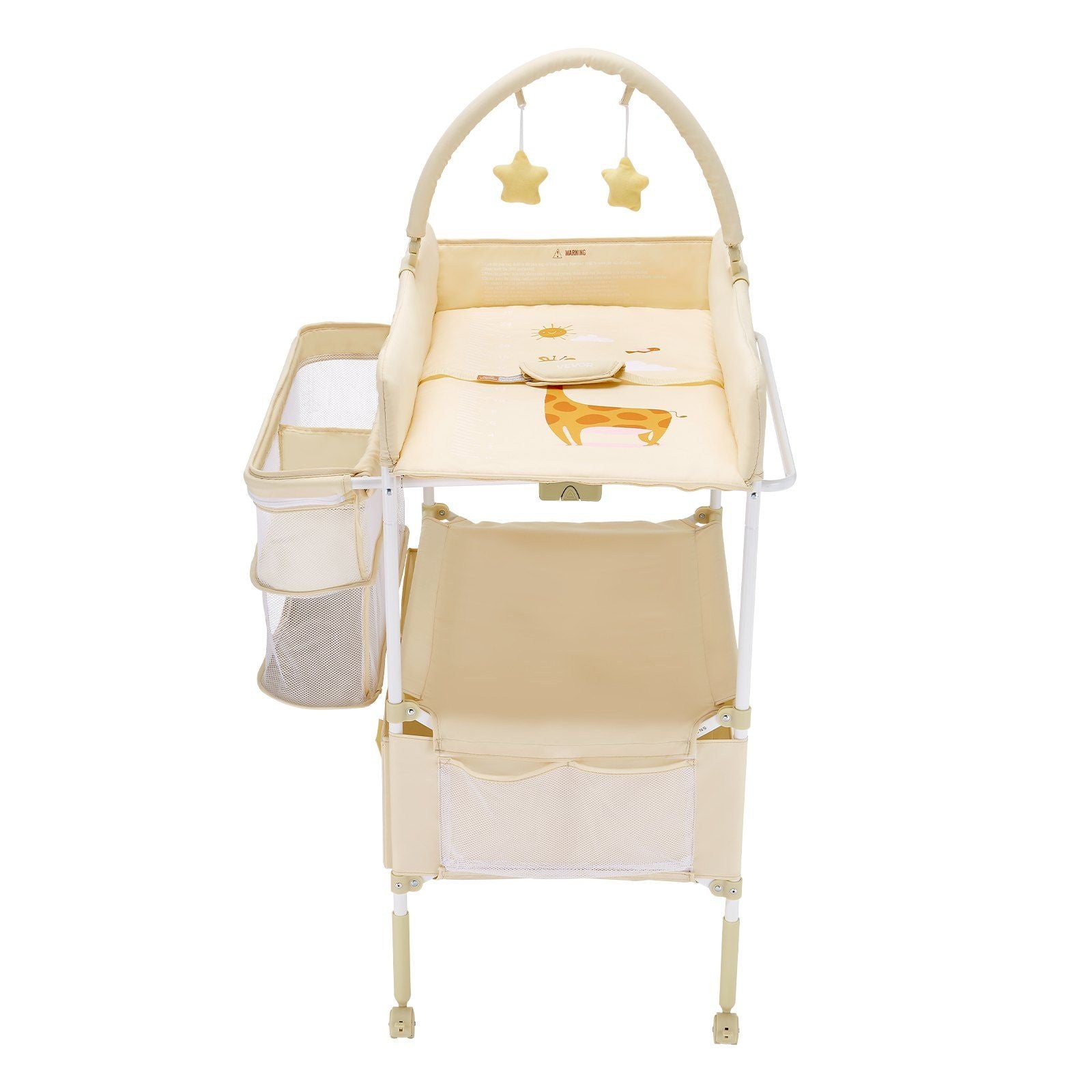 Baby Changing Table, Foldable Diaper Change Station with 2 Fabric Drawers, Side Basket & Hanging Rod, Adjustable Height Portable Changing Table with Lockable Wheels & 2 Star Toys, Light Beige