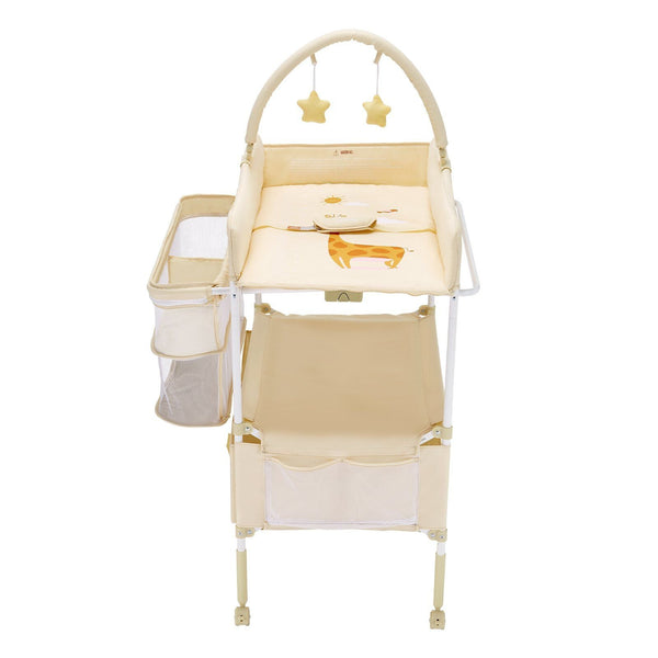 Baby Changing Table, Foldable Diaper Change Station with 2 Fabric Drawers, Side Basket & Hanging Rod, Adjustable Height Portable Changing Table with Lockable Wheels & 2 Star Toys, Light Beige
