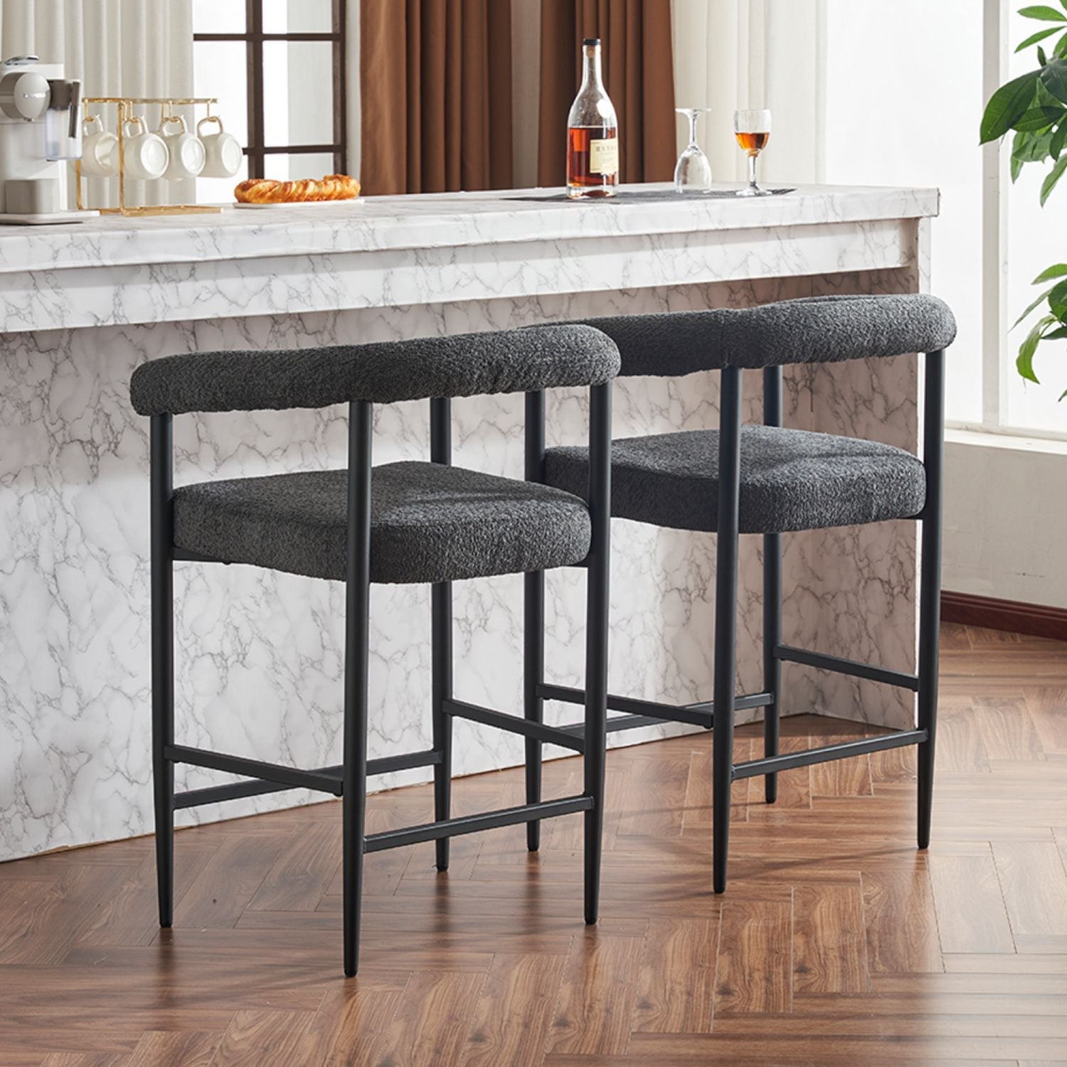 Modern Upholstered Bar Stools Set of 2, Boucle Fabric Counter Height Chairs BLAKHOM