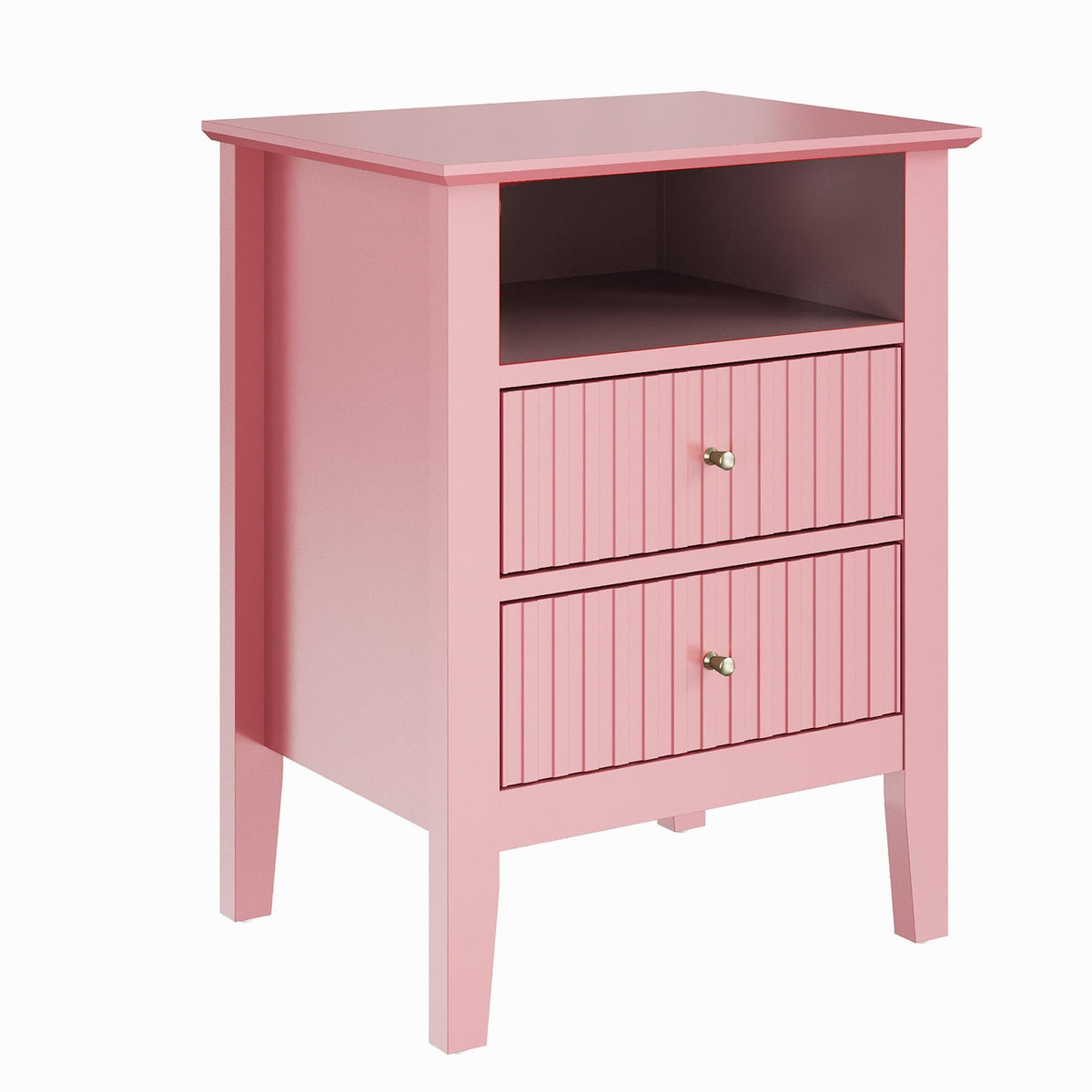 Modern Fluted Night Stand Pair - Chic Pink Wooden End Tables with 2 Drawers and Gold Handles for Bedrooms