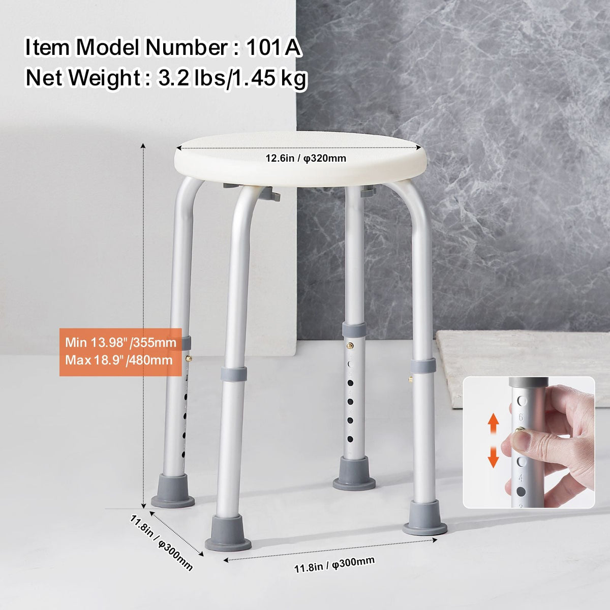 Adjustable Shower Stool Non-Slip Bath Seat 300 lb Capacity