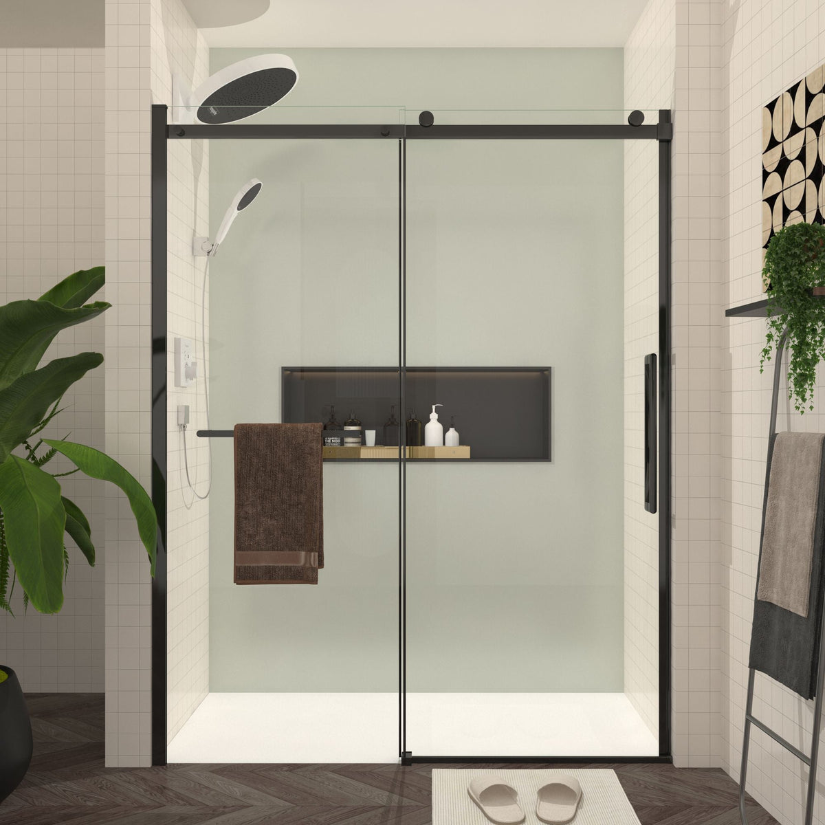 Sliding Shower Door, 8mm Frameless Glass Shower Door with Matte Black Hardware, Towel Bar and Handle, S-RM6076TB 56-60
