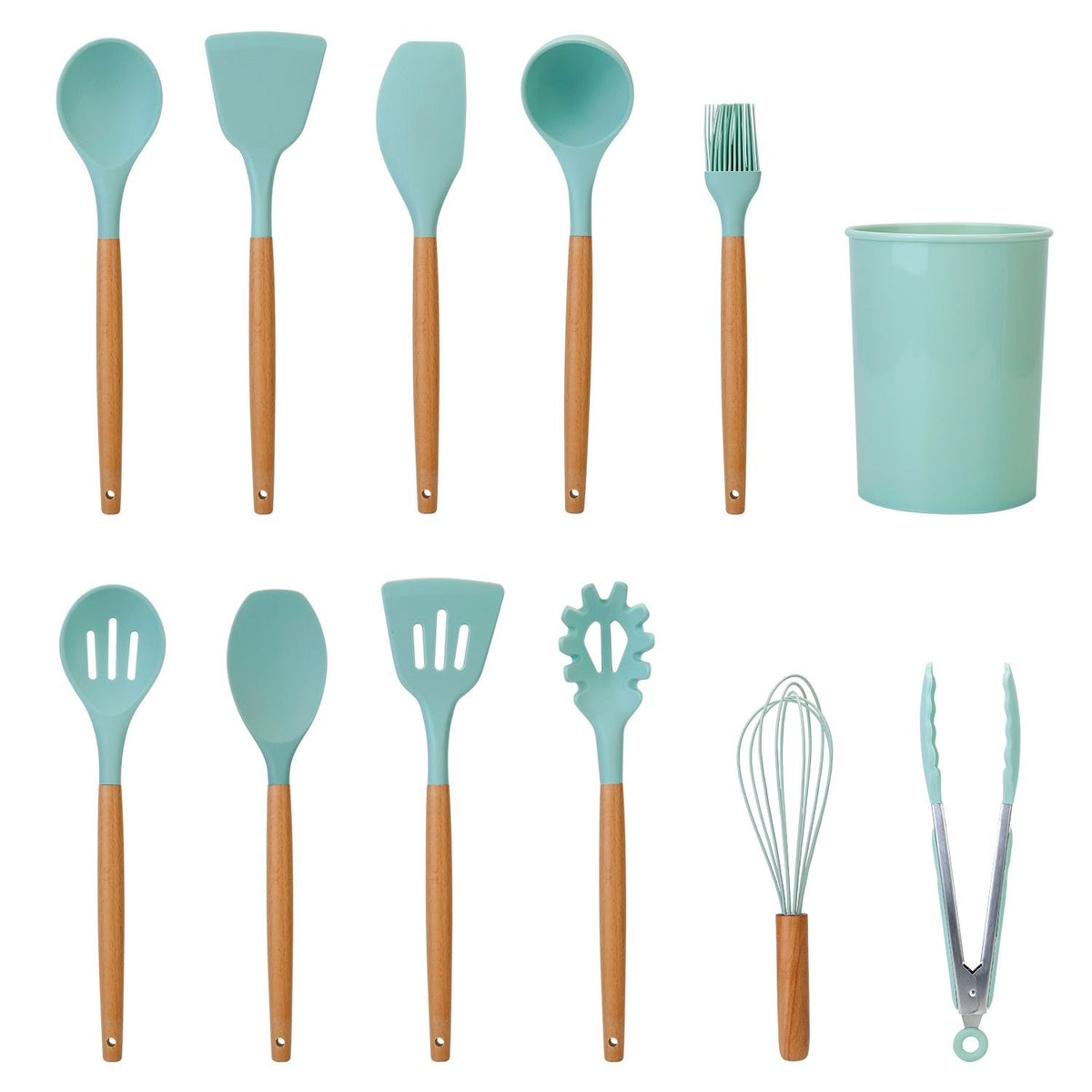 11-Piece Premium Silicone Cooking Utensil Set with Heat-Resistant Wooden Handles for Versatile Kitchen Use