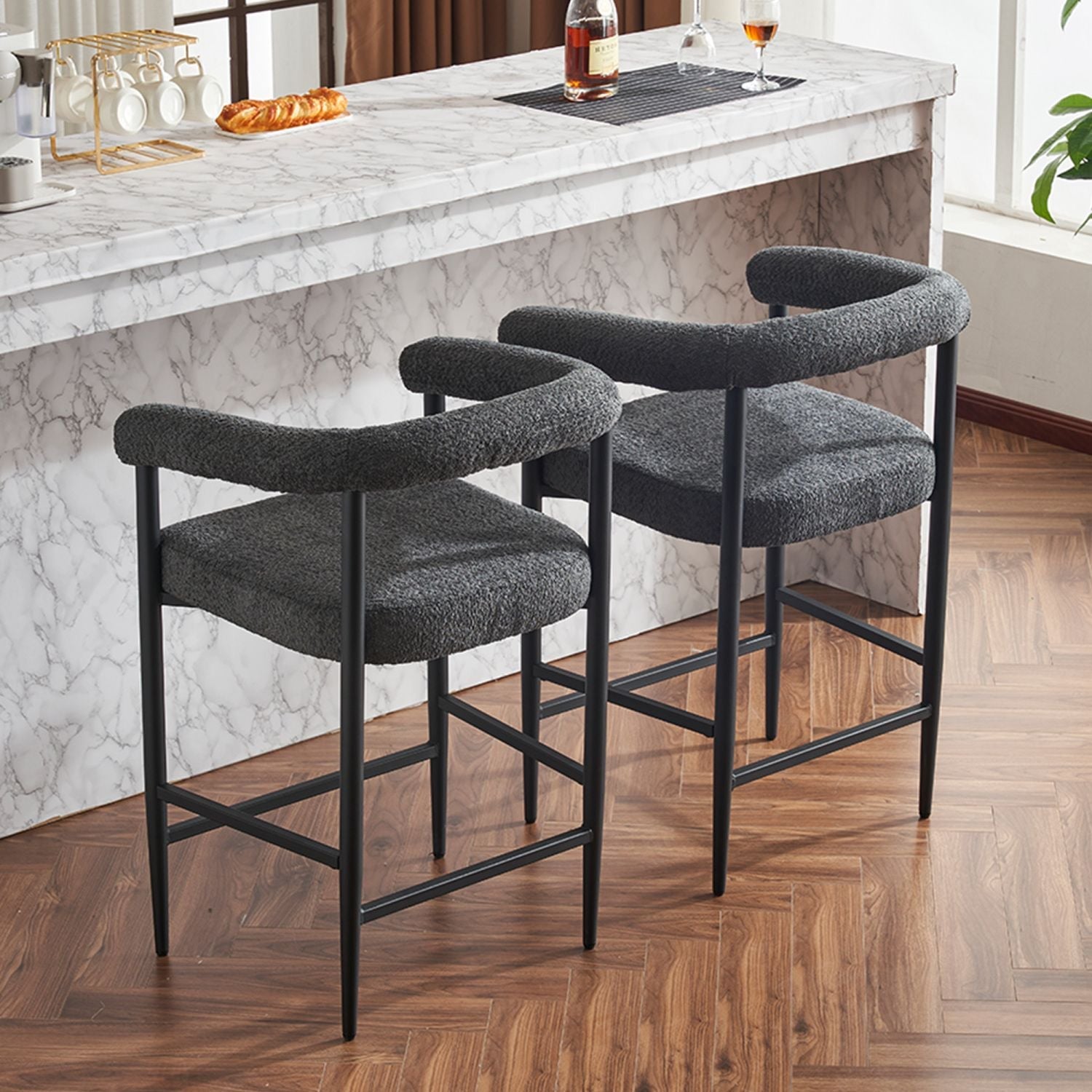 Modern Upholstered Bar Stools Set of 2, Boucle Fabric Counter Height Chairs BLAKHOM