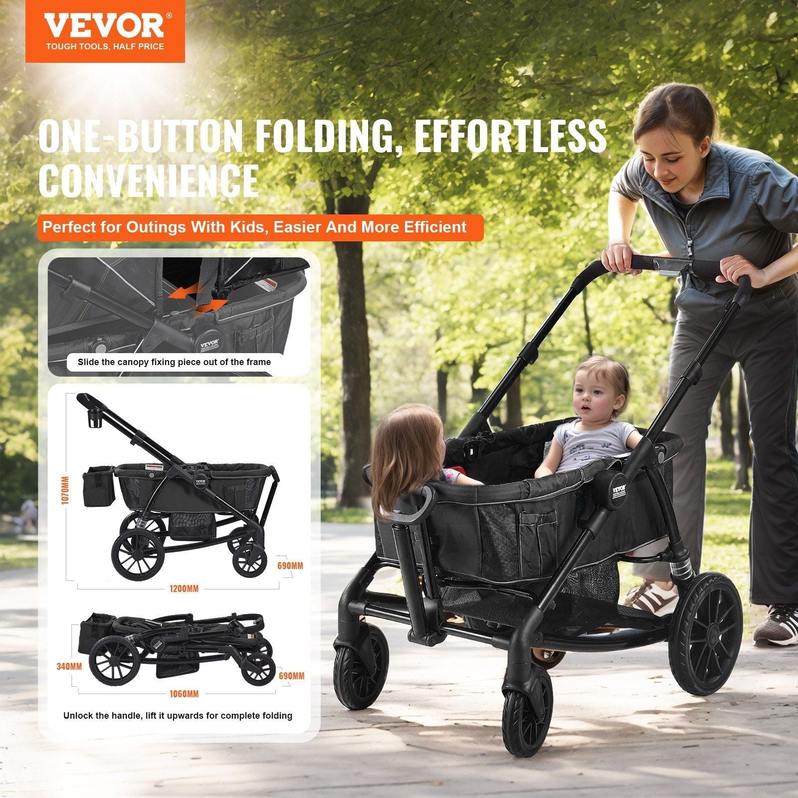 All-Terrain Stroller Wagon, 2 Seats Foldable Expedition 2-in-1 Collapsible Wagon Stroller, Includes Canopy, Parent Organizer, Snack Tray & Cup Holders, 55lbs for Single Seat, Black