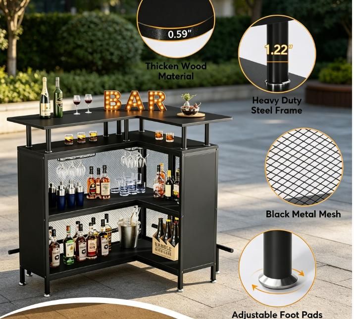L-Shaped Home Bar Unit Liquor Bar Table with Glasses Holders And Shelves for Kitchen Dining Room Bar Counter