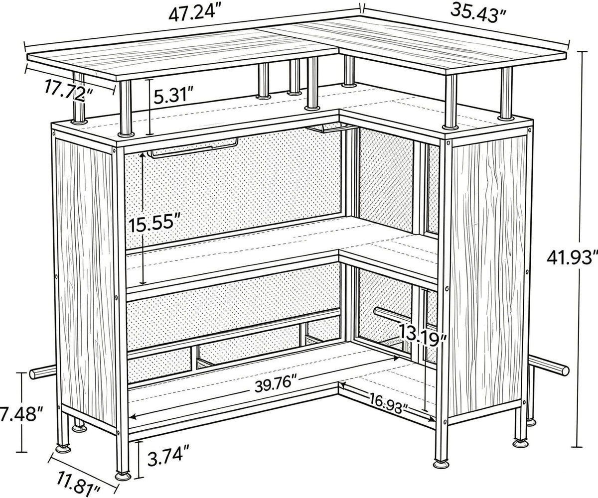 L-Shaped Home Bar Unit Liquor Bar Table with Glasses Holders And Shelves for Kitchen Dining Room Bar Counter