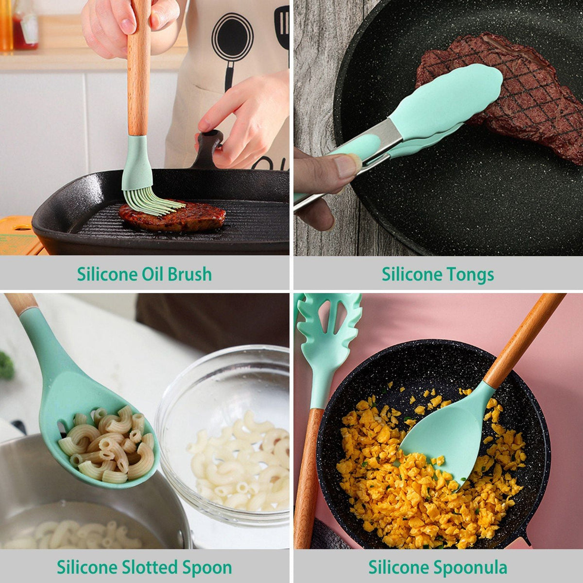 11-Piece Premium Silicone Cooking Utensil Set with Heat-Resistant Wooden Handles for Versatile Kitchen Use