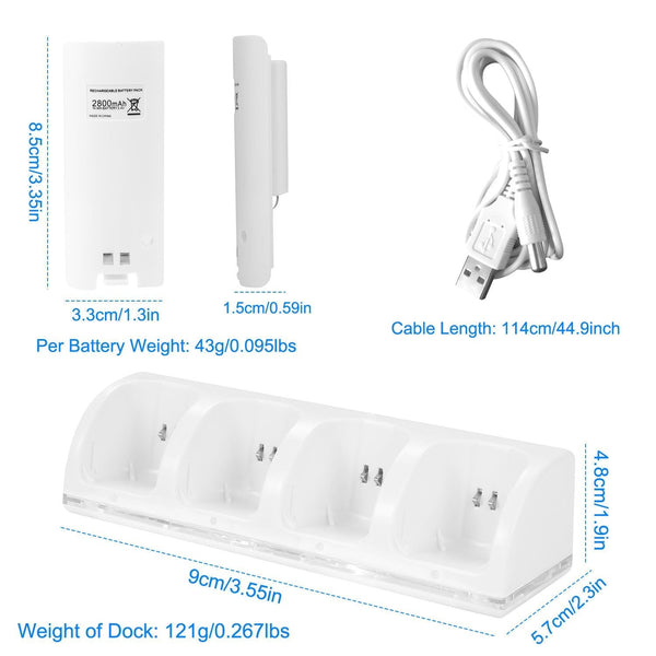 4 Remotes Charging Dock Game Controller Charger 2800mAh Rechargeable Battery Charging Stations w/ LED Indicator for Wii Nintendo Berry Charmz