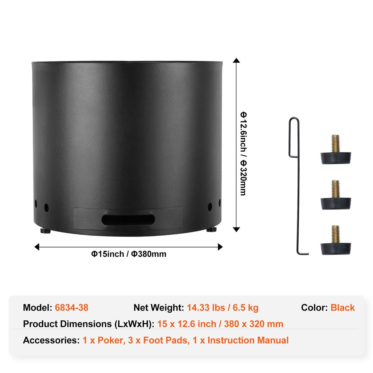 Smokeless Fire Pit Stove Bonfire, H: 12.6 in x Dia: 15 in ,Wood Burning Fireplaces with Removable Ash Pan, SUS430 Stainless Steel inner Portable