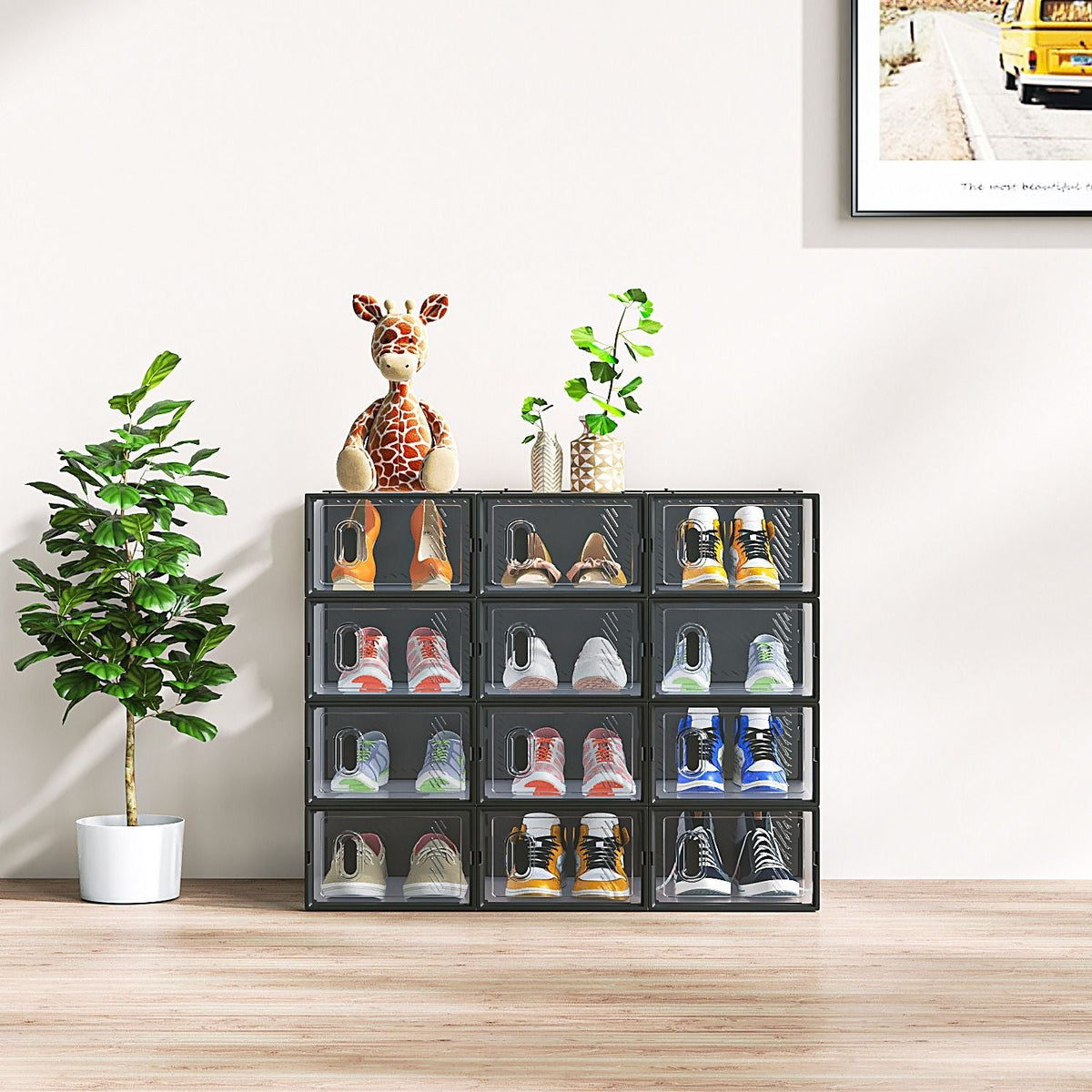 6/12/18/24/36PCS Stackable Shoe Storage Cabinet with Clear Front Door Plastic Sneaker Organizer