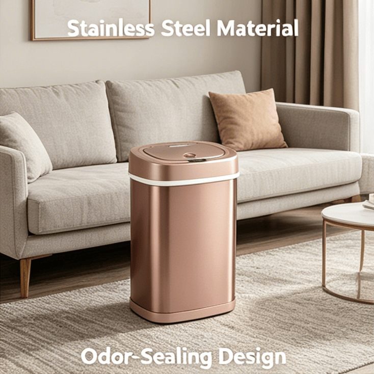 Automatic Sensor Trash Can, Stainless Steel Touch-Free Garbage Bin with Odor Sealing Lid, Waterproof Smart Waste Bin for Kitchen Bathroom Bedroom Office Home Indoor Use