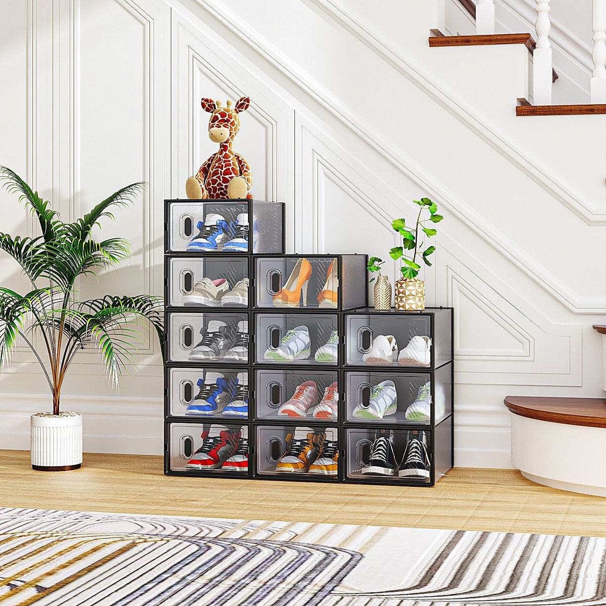 6/12/18/24/36PCS Stackable Shoe Storage Cabinet with Clear Front Door Plastic Sneaker Organizer