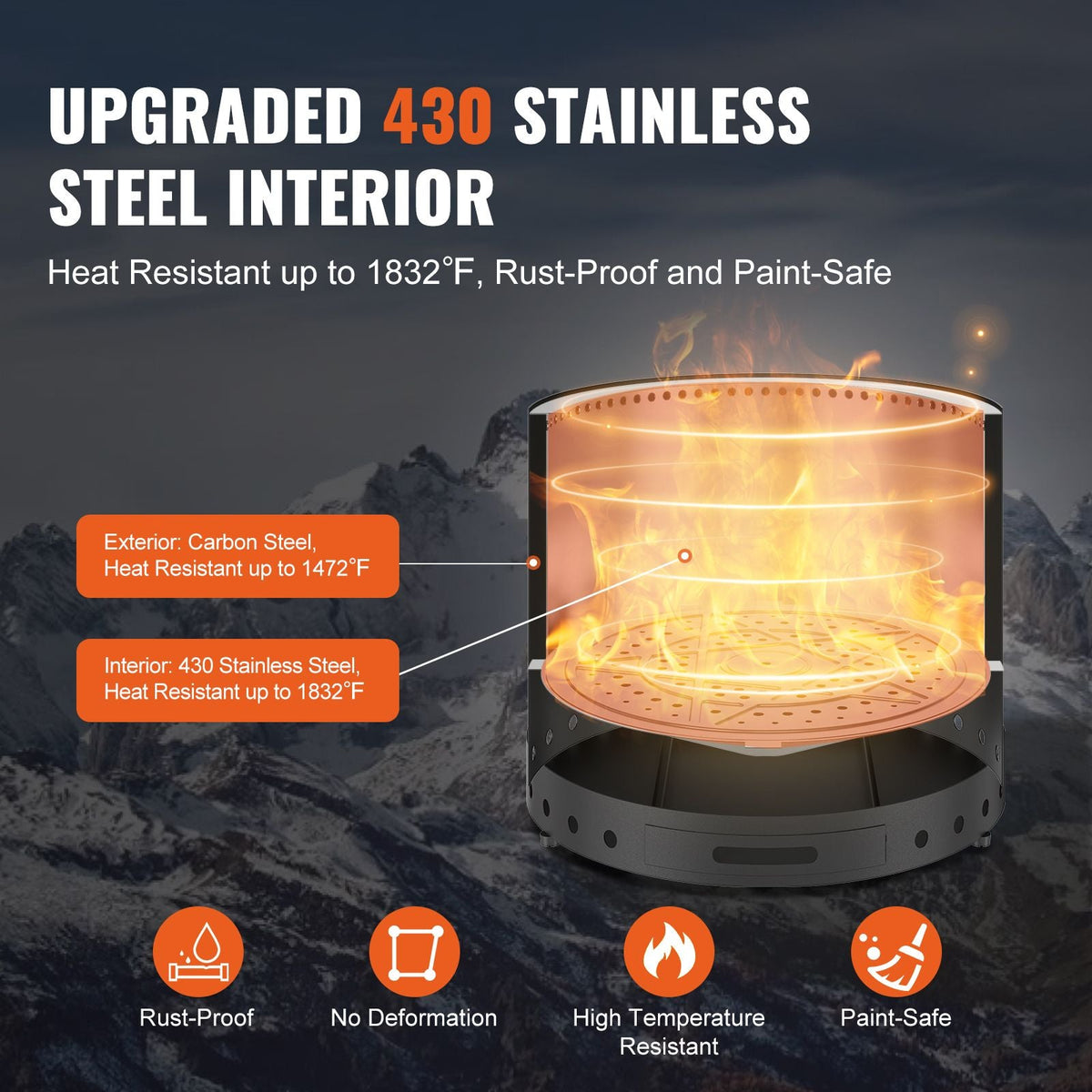 Smokeless Fire Pit Stove Bonfire, H: 12.6 in x Dia: 15 in ,Wood Burning Fireplaces with Removable Ash Pan, SUS430 Stainless Steel inner Portable