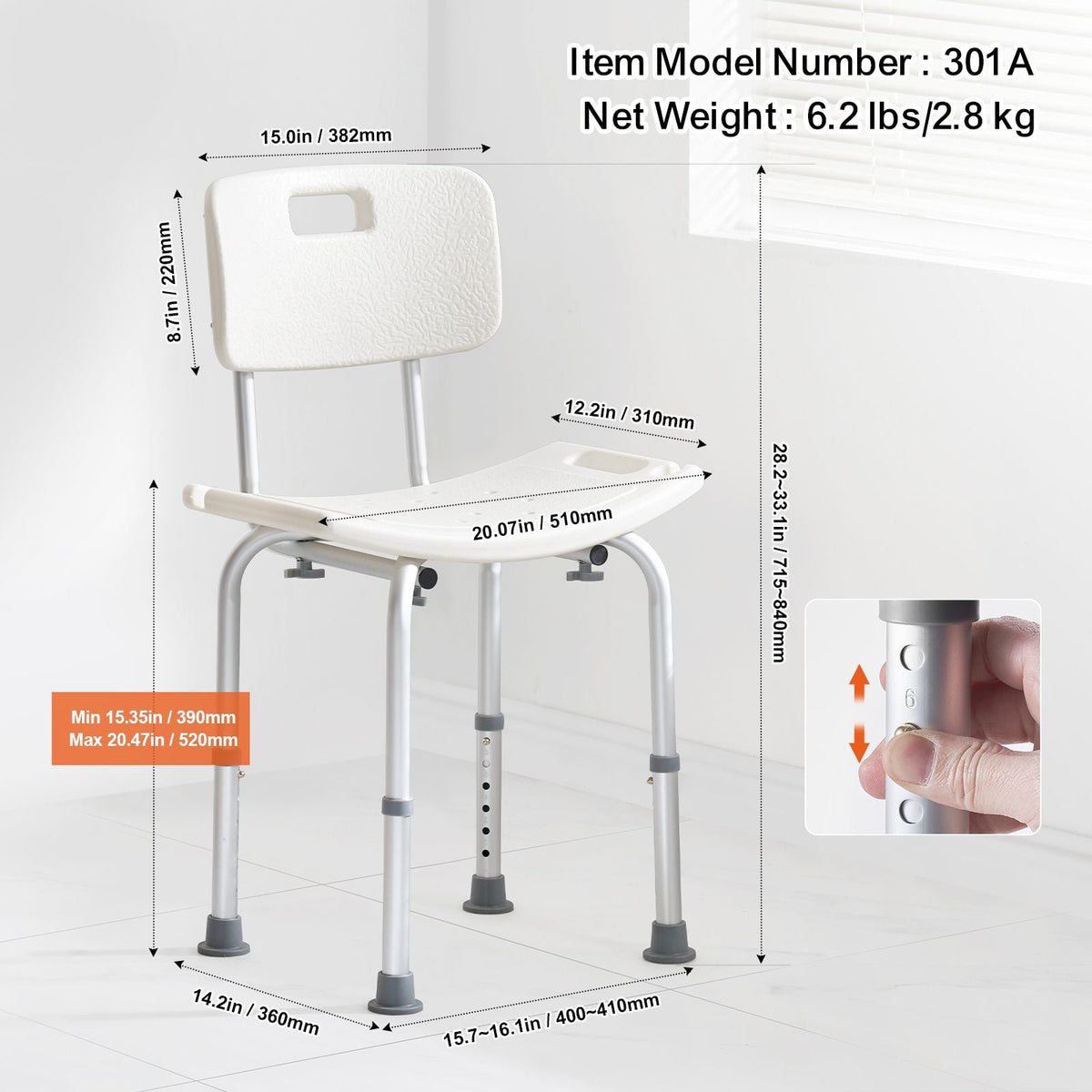 Shower Chair with Back Adjustable Non-Slip Bath Seat 350 lbs