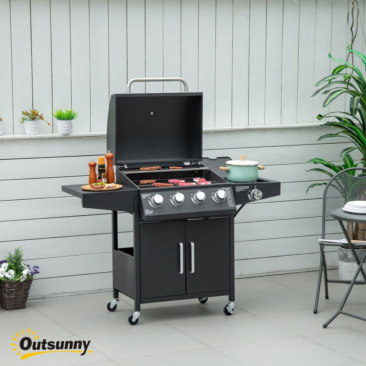 52 Barbecue Grill with Wheels 4+1 Burner Propane Gas Outdoor BBQ Trolley Black