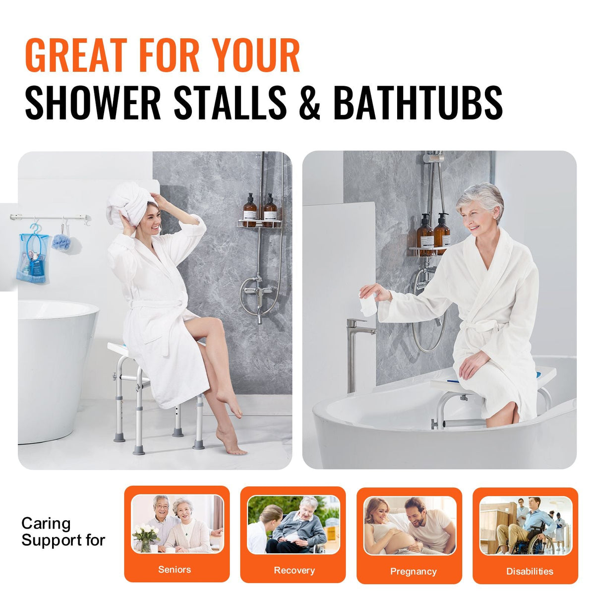 Shower Chair Adjustable Height Non-Slip Bath Stool 500 lbs