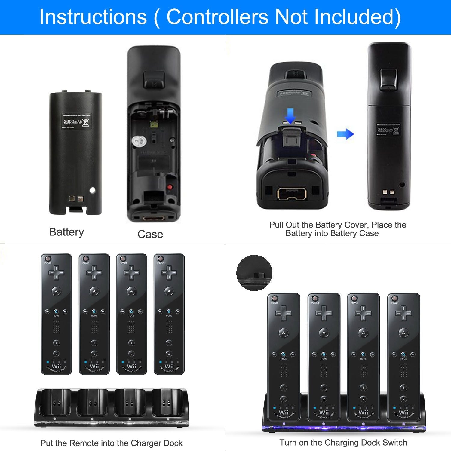 4 Remotes Charging Dock Game Controller Charger 2800mAh Rechargeable Battery Charging Stations w/ LED Indicator for Wii Nintendo Berry Charmz