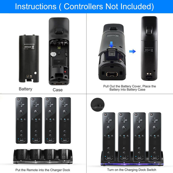 4 Remotes Charging Dock Game Controller Charger 2800mAh Rechargeable Battery Charging Stations w/ LED Indicator for Wii Nintendo Berry Charmz