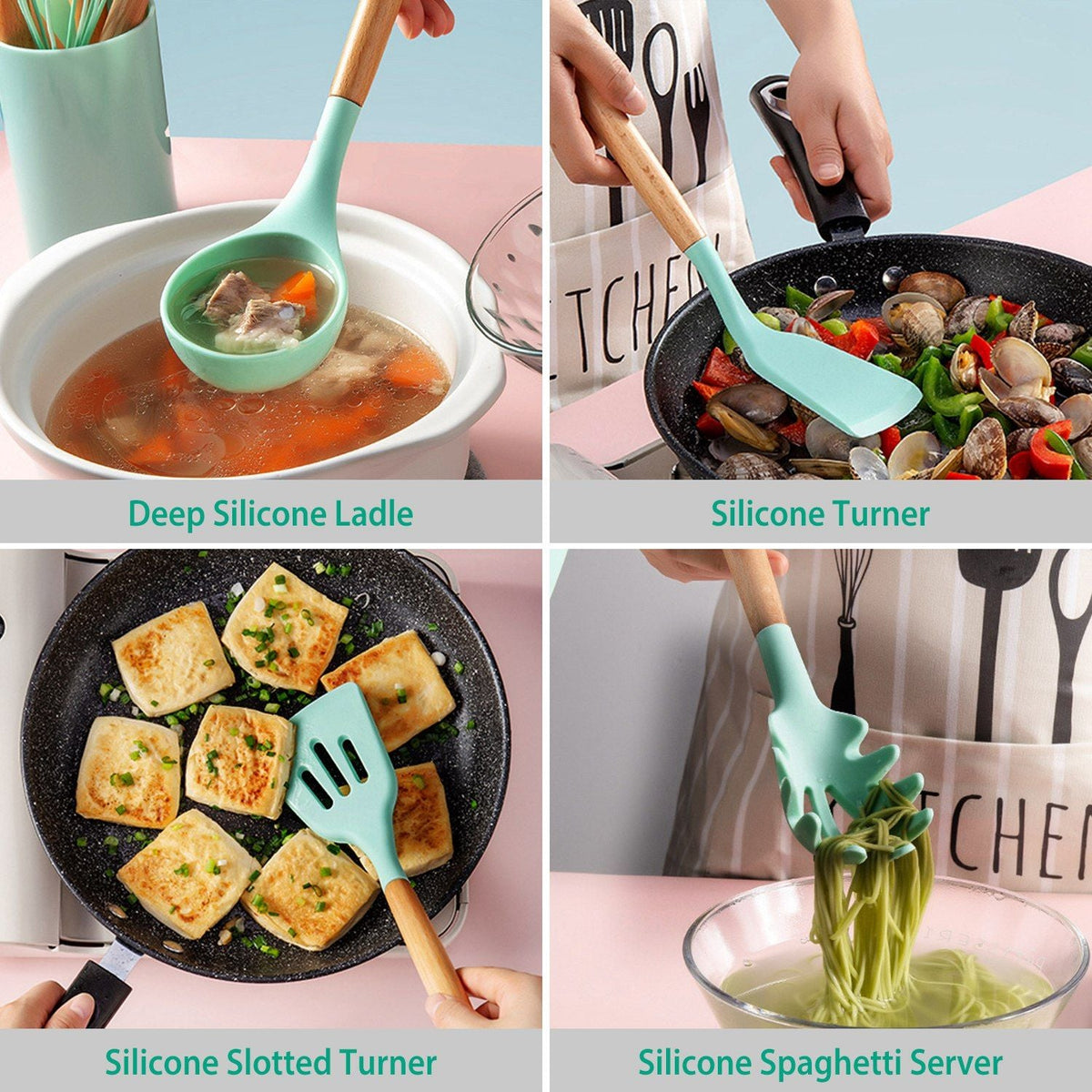 11-Piece Premium Silicone Cooking Utensil Set with Heat-Resistant Wooden Handles for Versatile Kitchen Use