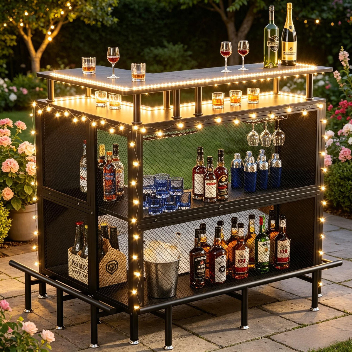 L-Shaped Home Bar Unit Liquor Bar Table with Glasses Holders And Shelves for Kitchen Dining Room Bar Counter