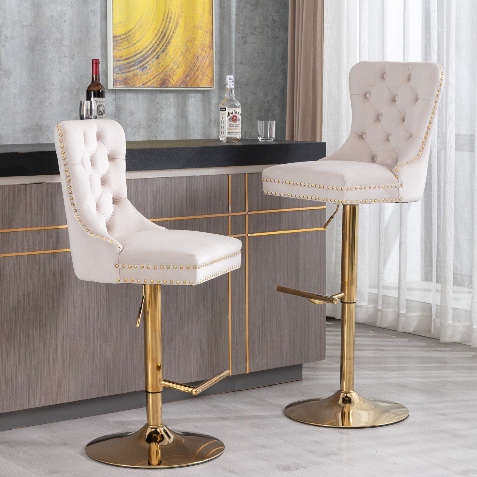 Set of 2 Thick Golden Swivel Velvet Barstools BLAKHOM