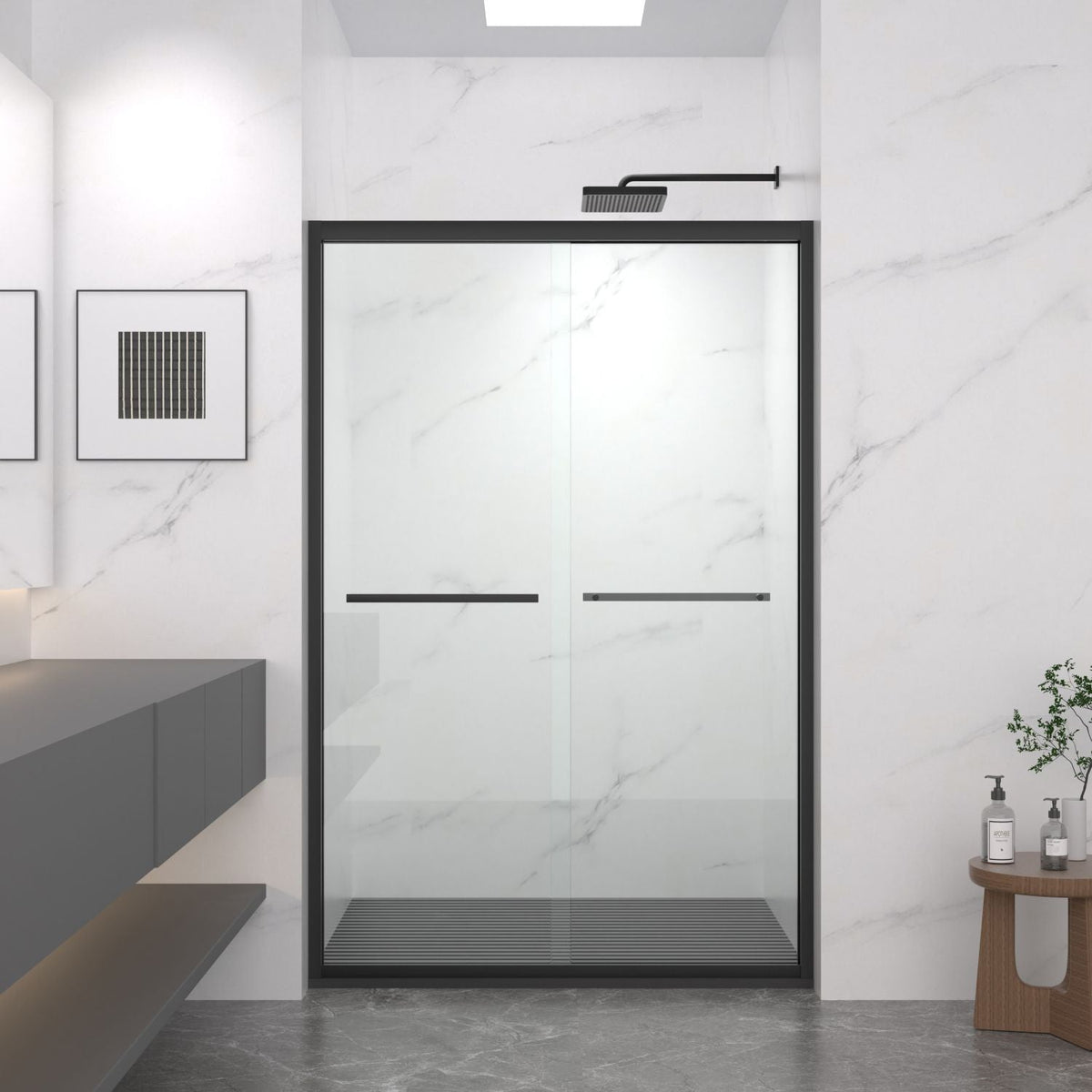 Aluminum Frame Double Sliding Shower Door, Bypass Bathroom Sliding Door with Premium 5/16