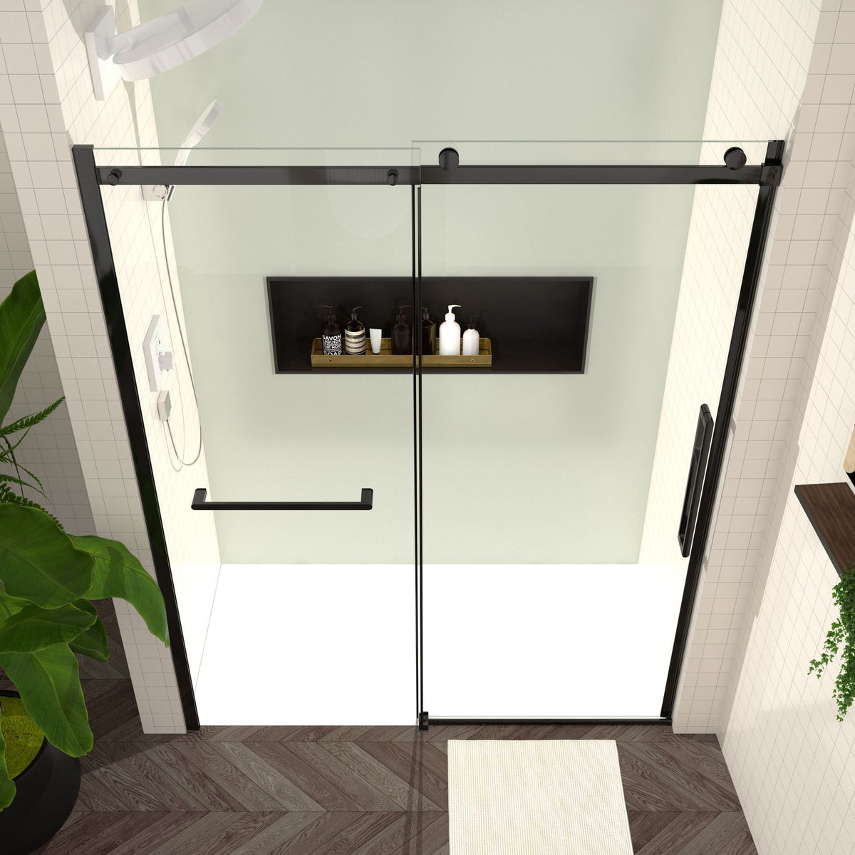Sliding Shower Door, 8mm Frameless Glass Shower Door with Matte Black Hardware, Towel Bar and Handle, S-RM6076TB 56-60