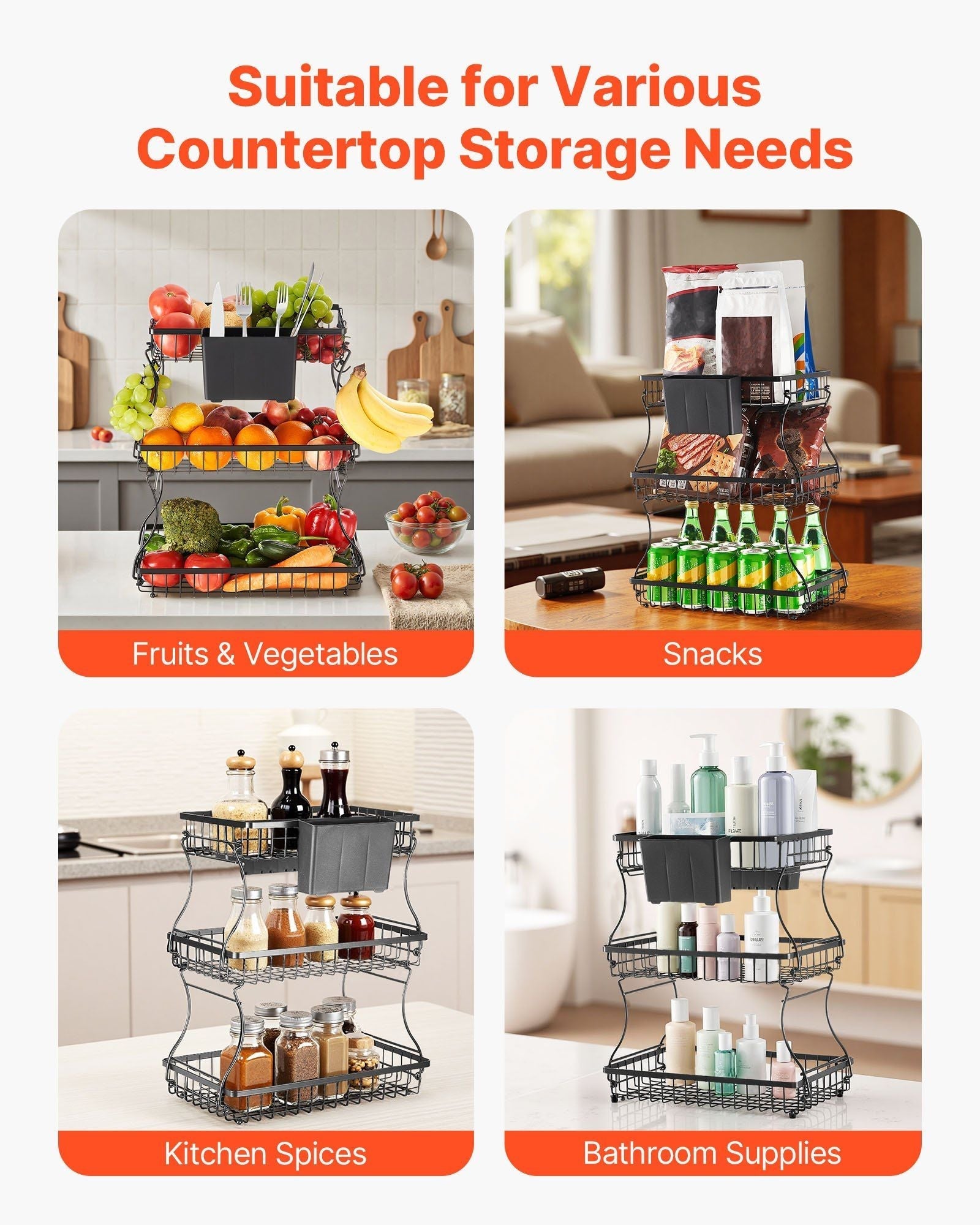 3 Tier Fruit Basket Bowl Kitchen Countertop Storage Stand Holder Banana Hanger