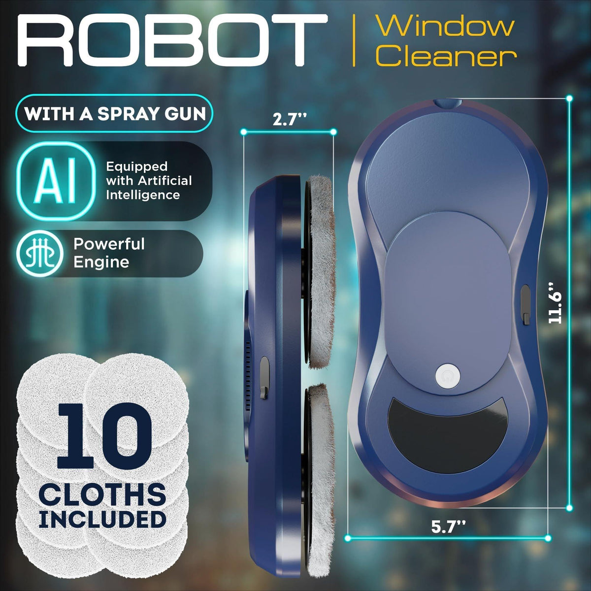 Automatic Window Cleaner Robot with Water Spray and 10 Cloth Pads