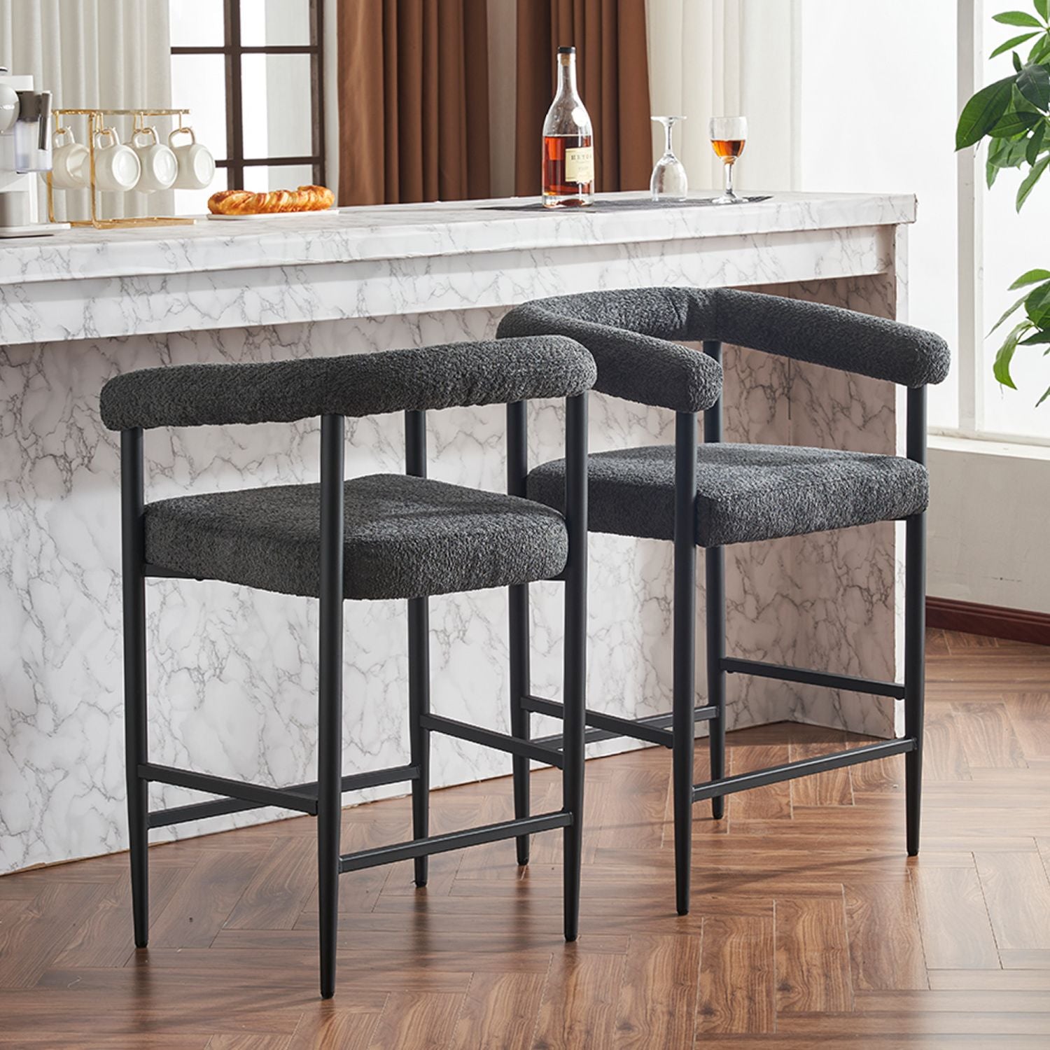 Modern Upholstered Bar Stools Set of 2, Boucle Fabric Counter Height Chairs BLAKHOM