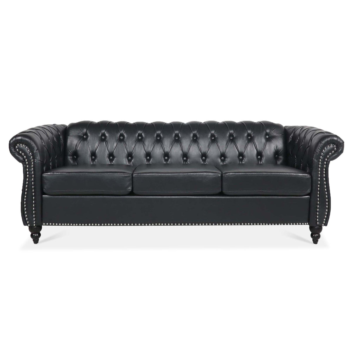 Black PU Rolled Arm Chesterfield Three Seater Sofa