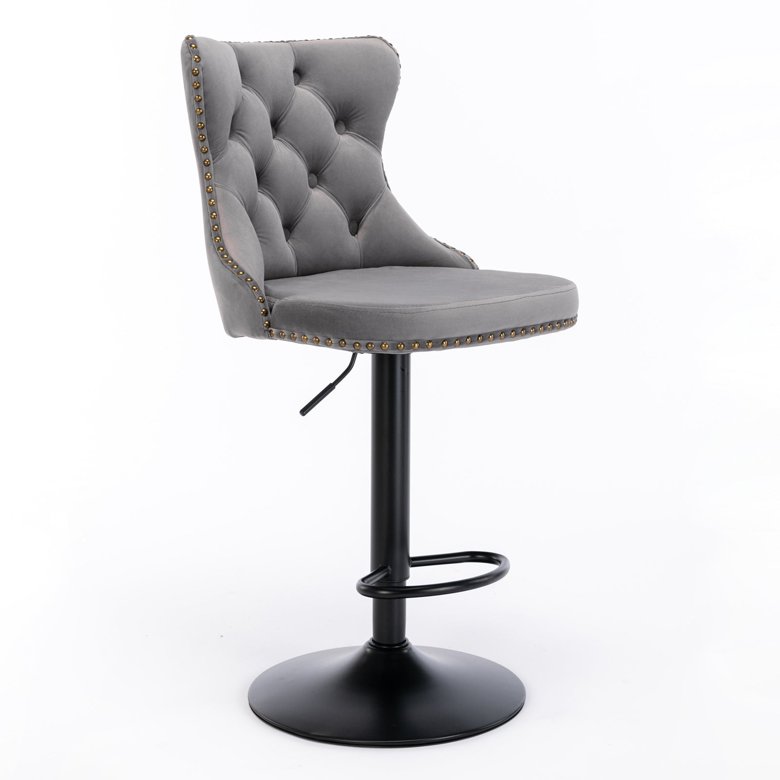 Single Swivel Velvet Barstool with grey tufted back, gold nailhead trim, and black adjustable base, perfect for bar or kitchen seating.