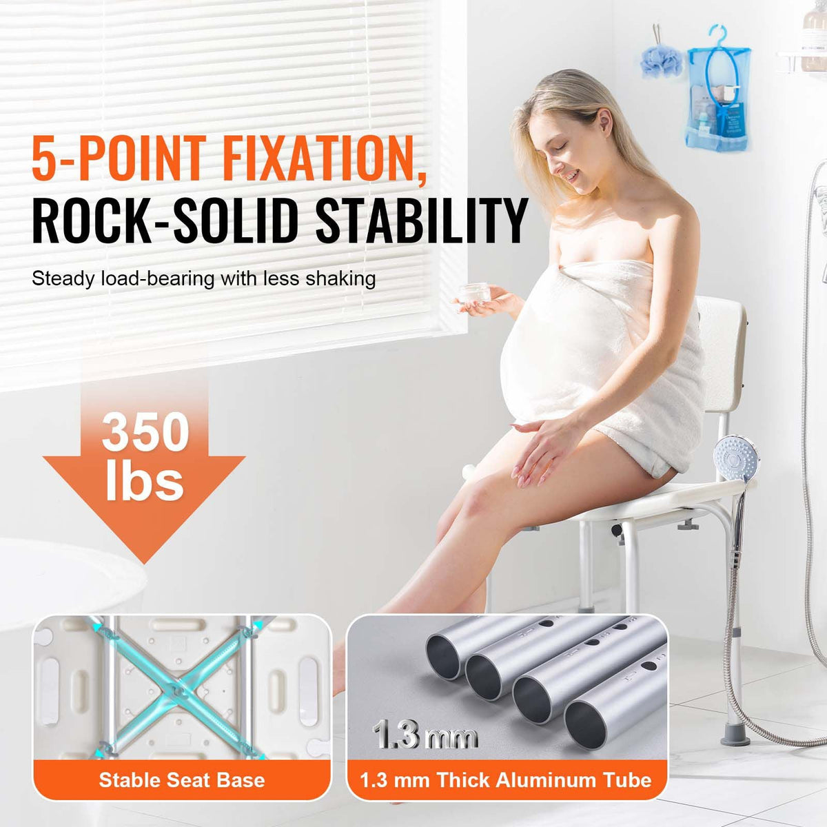 Shower Chair with Back Adjustable Non-Slip Bath Seat 350 lbs
