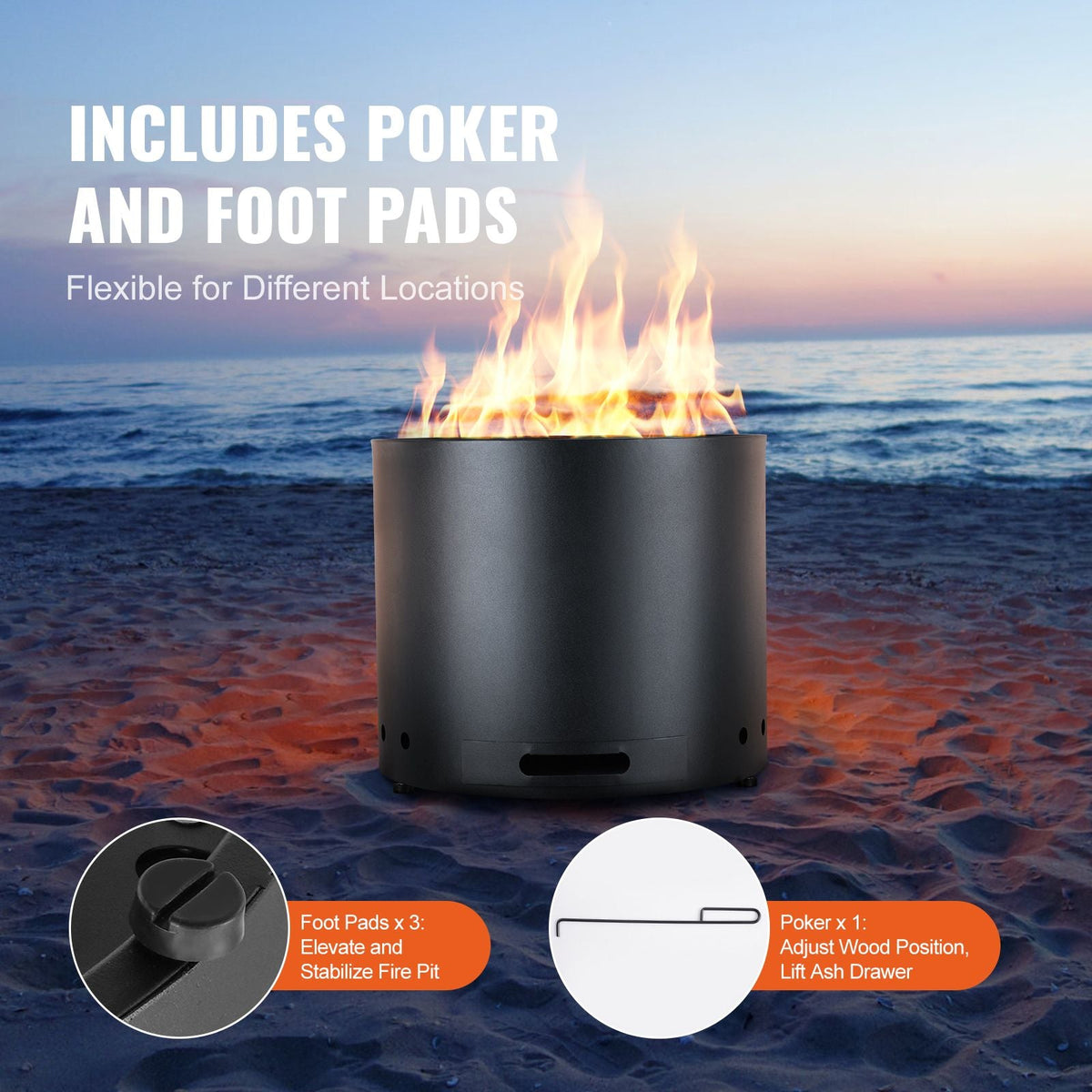 Smokeless Fire Pit Stove Bonfire, H: 12.6 in x Dia: 15 in ,Wood Burning Fireplaces with Removable Ash Pan, SUS430 Stainless Steel inner Portable