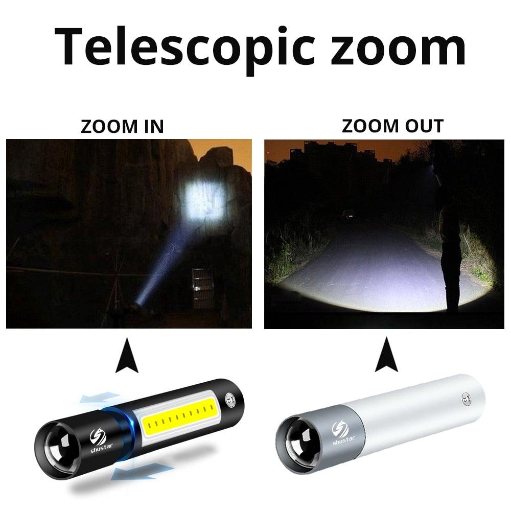 Dual Power LED Flashlight With Pure Beam Slide Focus Waterproof Rechargeable LED USB Telescopic Zoom Portable Flashlight For Night Lighting Night Riding Camping High-Powered Flash Lights