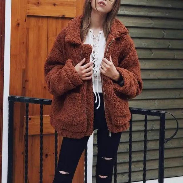 Durable Autumn Winter Faux Fur Coat For Women Casual Warm Soft Zipper Fur Jacket Plush Overcoat Pocket Plus Size Teddy Coat For Female