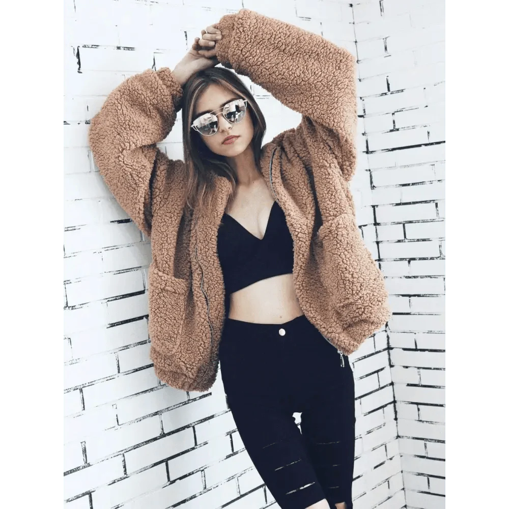 Durable Autumn Winter Faux Fur Coat For Women Casual Warm Soft Zipper Fur Jacket Plush Overcoat Pocket Plus Size Teddy Coat For Female