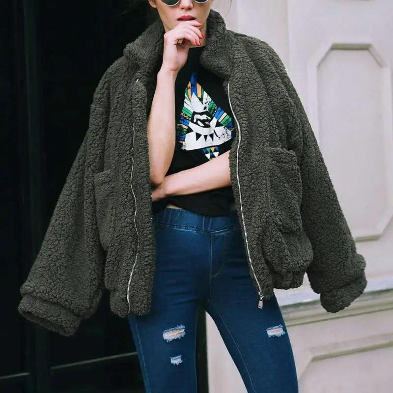 Durable Autumn Winter Faux Fur Coat For Women Casual Warm Soft Zipper Fur Jacket Plush Overcoat Pocket Plus Size Teddy Coat For Female