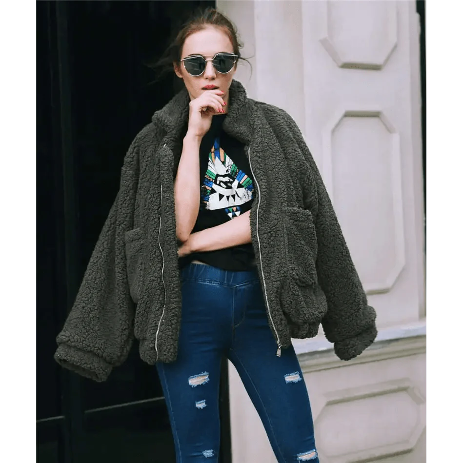 Durable Autumn Winter Faux Fur Coat For Women Casual Warm Soft Zipper Fur Jacket Plush Overcoat Pocket Plus Size Teddy Coat For Female