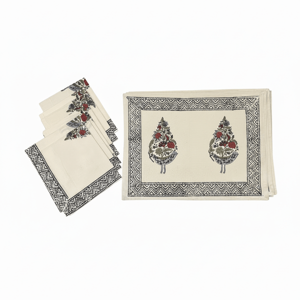 Hand Block Printed Cotton Dusty Blue & Rose Bird Motif 13 pieces Table Linen Set