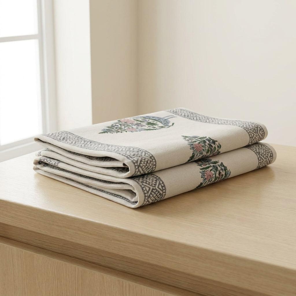 Hand Block Printed Cotton Dusty Blue & Rose Bird Motif 13 pieces Table Linen Set