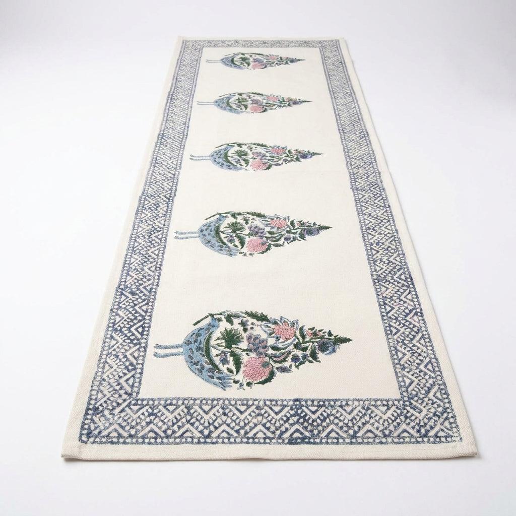 Hand Block Printed Cotton Dusty Blue & Rose Bird Motif 13 pieces Table Linen Set