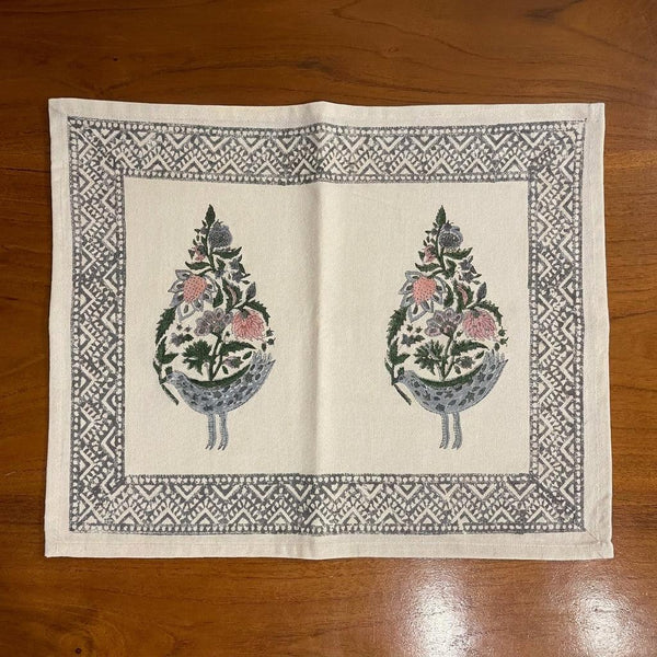 Hand Block Printed Cotton Dusty Blue & Rose Bird Motif 13 pieces Table Linen Set