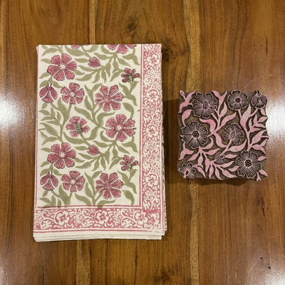 Dusty Rose & Sage Green Floral  Hand Block Printed Table 13 Pieces Linen Set